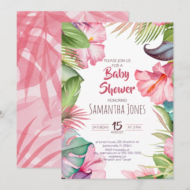 Invitation Baby shower des fleurs tropicales (Devant / Derrière)