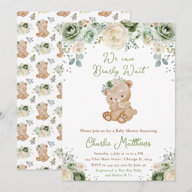 Invitation Baby shower des fleurs vert et ivoire de l'ours (Devant / Derrière)