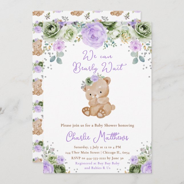 Invitation Baby shower des fleurs vert et violet de l'ours (Devant / Derrière)