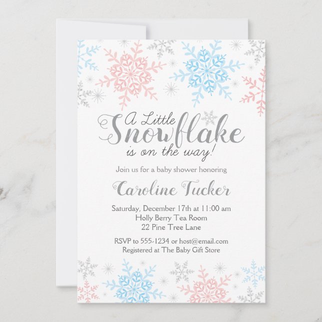Invitation Baby shower des flocons d'hiver bleu rose (Devant)