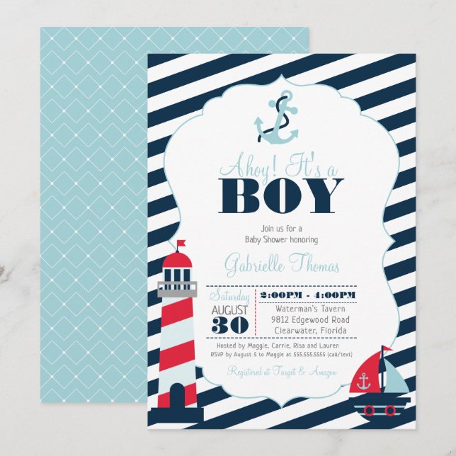 Invitation Baby shower des Garçons Bleu Stripe de la Marine A (Devant / Derrière)
