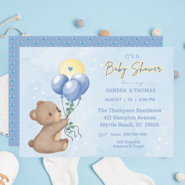Invitation Baby shower des garçons de ballons d'ours en peluc (Créateur téléchargé)