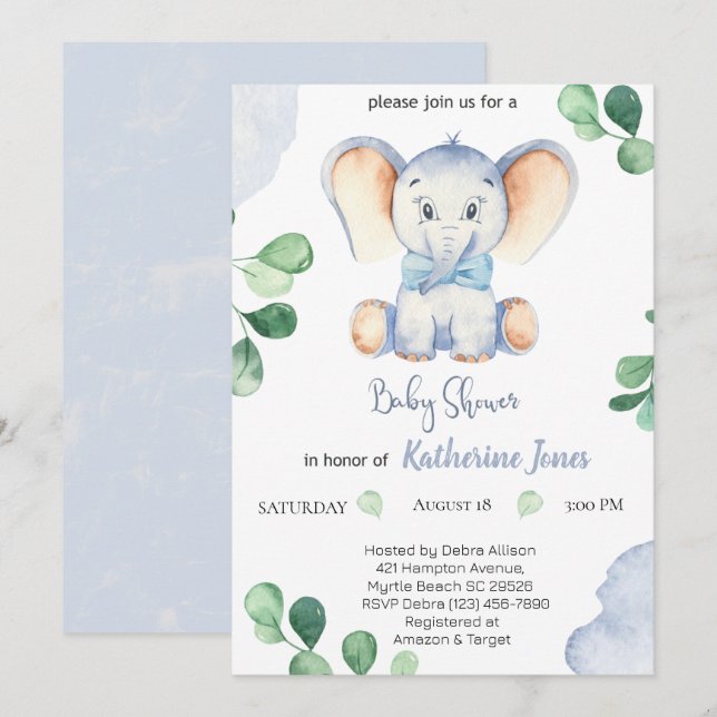 Invitation Baby shower des garçons Eléphant Bleu (Devant / Derrière)