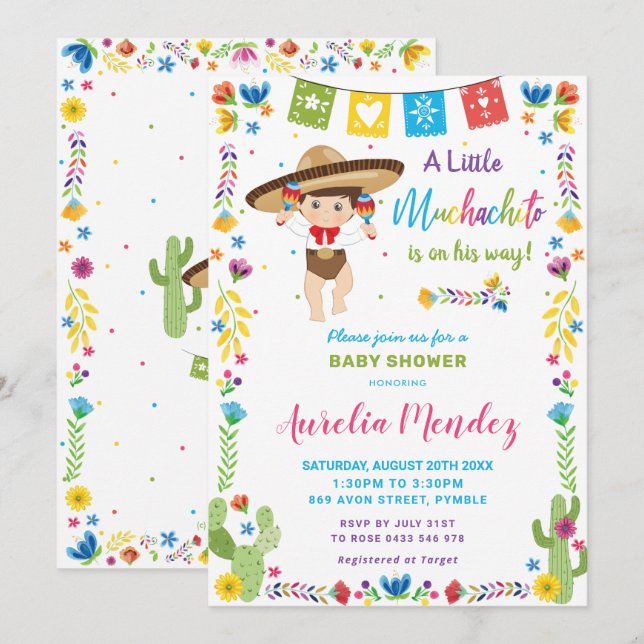 Invitation Baby shower des garçons Muchacho Muchachito au Mex (Devant / Derrière)