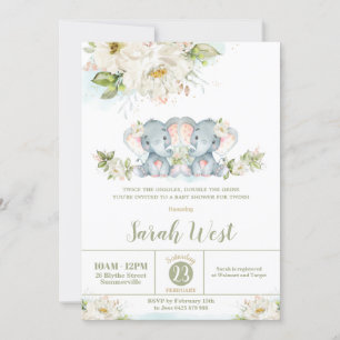 Invitation Baby shower des jeunes filles jumelées à l'éléphan