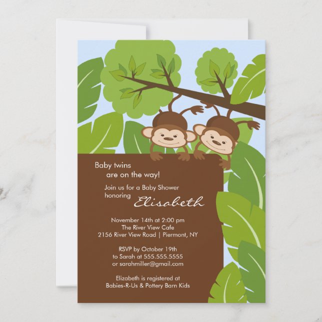Invitation Baby shower des jumeaux Monkey (Devant)