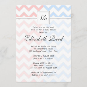 Invitation Baby shower des jumeaux monogrammes Blue & Pink Ch