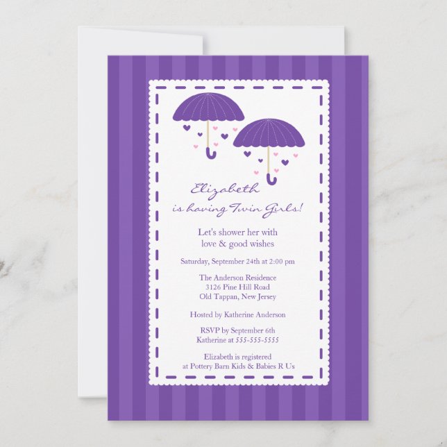 Invitation Baby shower des jumeaux pourpres (Devant)