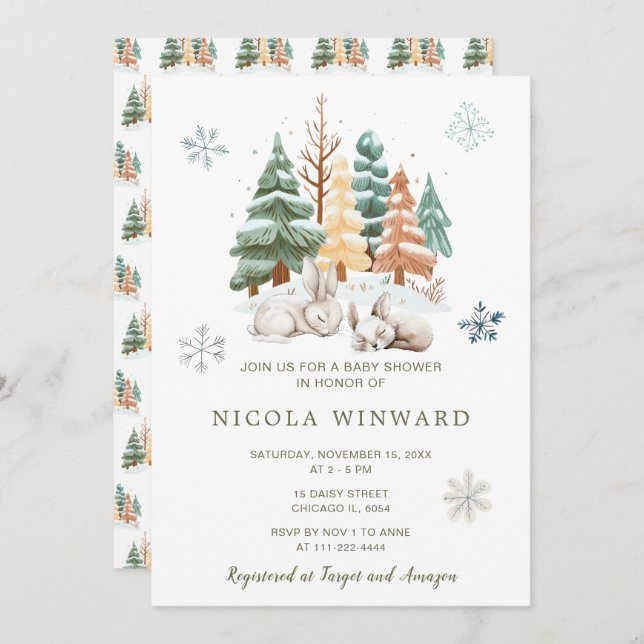 Invitation Baby shower des lapins d'hiver (Devant / Derrière)