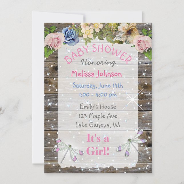 Invitation Baby shower des libellules, des fleurs et des étin (Devant)