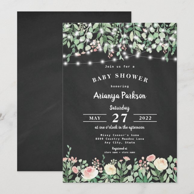 Invitation Baby shower des lumières florales du tableau noir (Devant / Derrière)