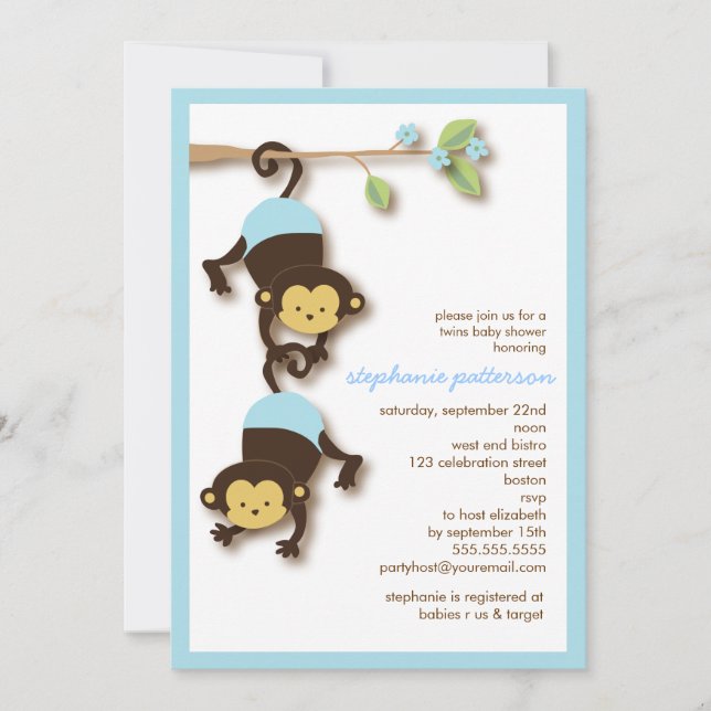 Invitation Baby shower des Monkey Twin Boys (Devant)
