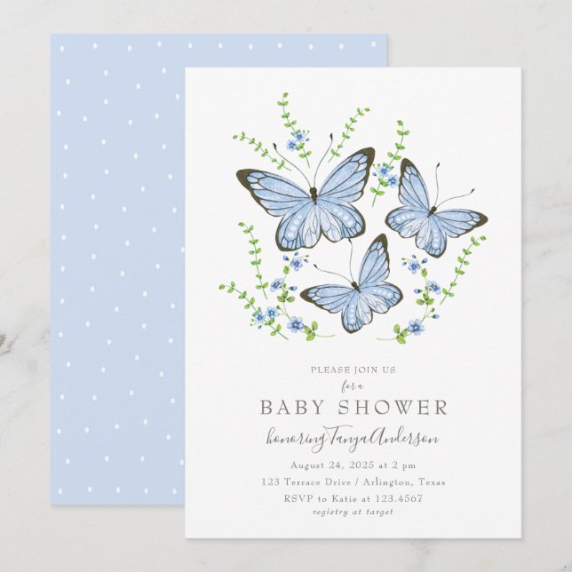Invitation Baby shower des papillons bleus (Devant / Derrière)