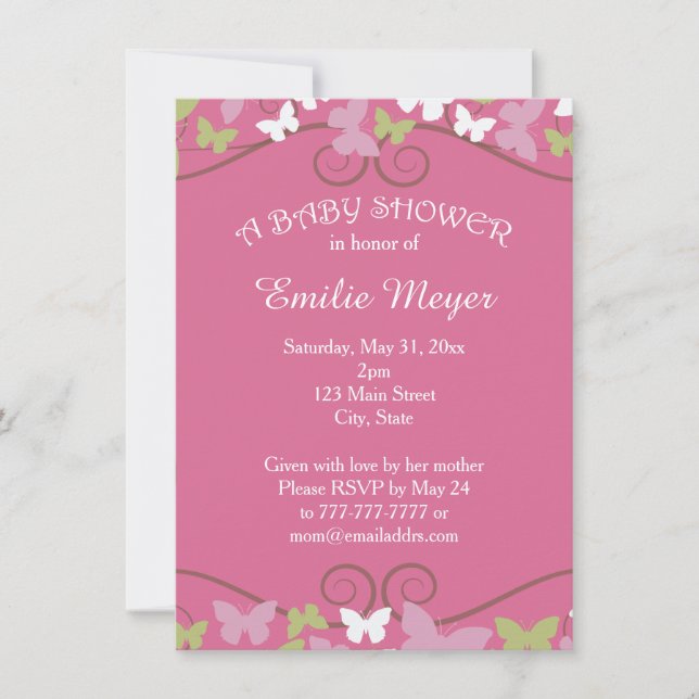 Invitation Baby shower des papillons verts roses (Devant)
