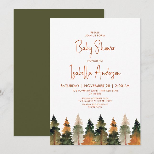 Invitation Baby shower des pins d'automne (Devant / Derrière)