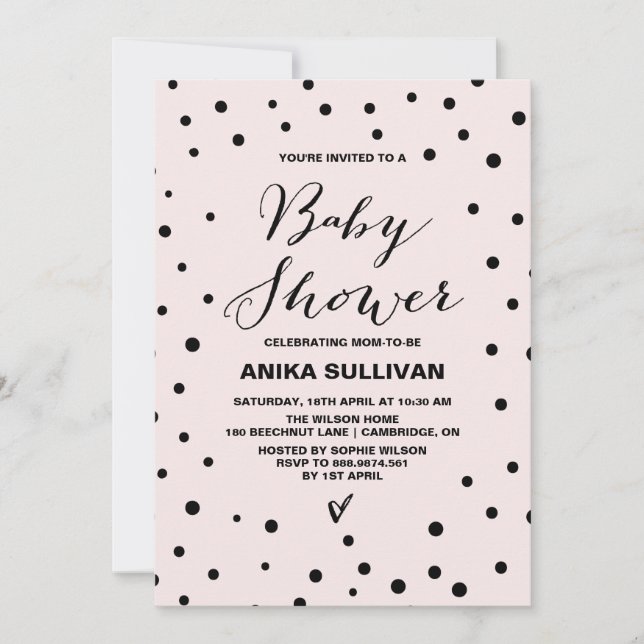 Invitation Baby shower des points Confetti Noir et Blush (Devant)