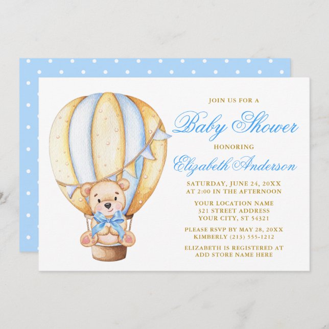 Invitation Baby shower des points de ballon à air Teddy Bear  (Devant / Derrière)