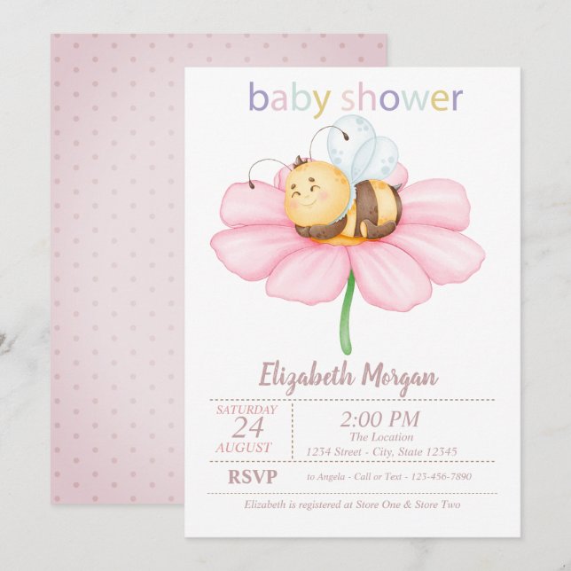 Invitation Baby shower des points de fleurs d'abeille de miel (Devant / Derrière)