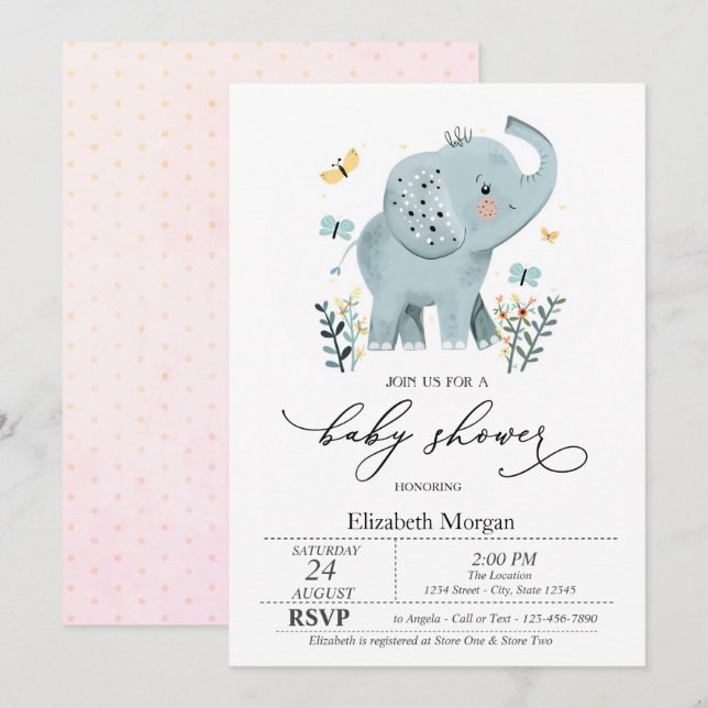 Invitation Baby shower des points de papillon bleu bébé éléph (Devant / Derrière)