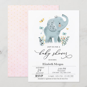 Invitation Baby shower des points de papillon bleu bébé éléph