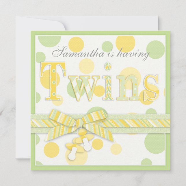 Invitation Baby shower des points jaunes pour bébés jumeaux (Devant)