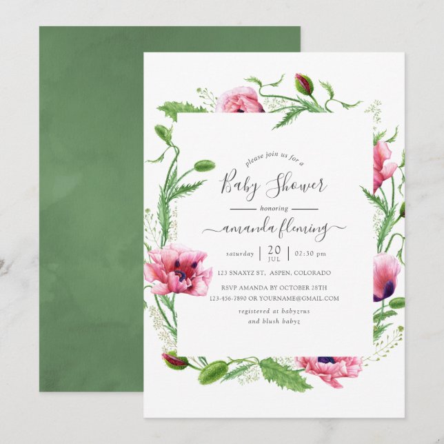 Invitation Baby shower des Poppies Roses Aquarelles (Devant / Derrière)