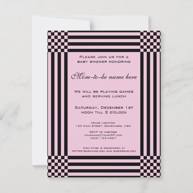 Invitation Baby shower des rayures de chèques noirs et roses (Devant)