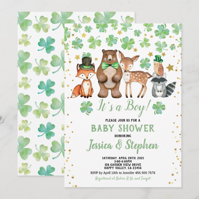 Invitation Baby shower des Shamrocks de la Saint Patrick (Devant / Derrière)