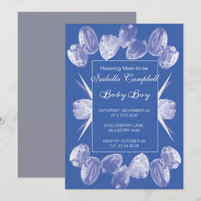Invitation Baby shower des tulipes bleues (Devant / Derrière)