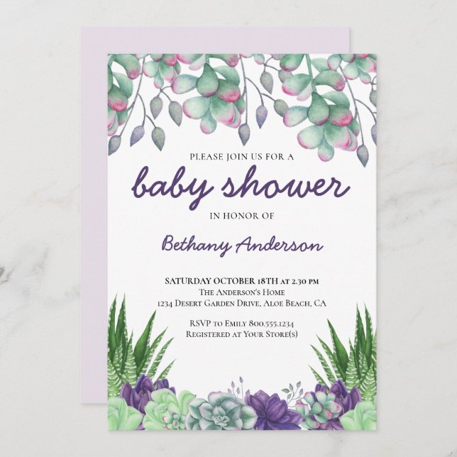 Invitation Baby shower Desert Garden Succulents Aquarelle (Devant / Derrière)