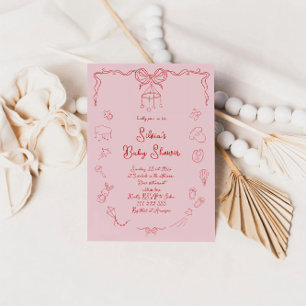 Invitation Baby-Shower Dessiné à la Main, Nœud Bébé Fille Man