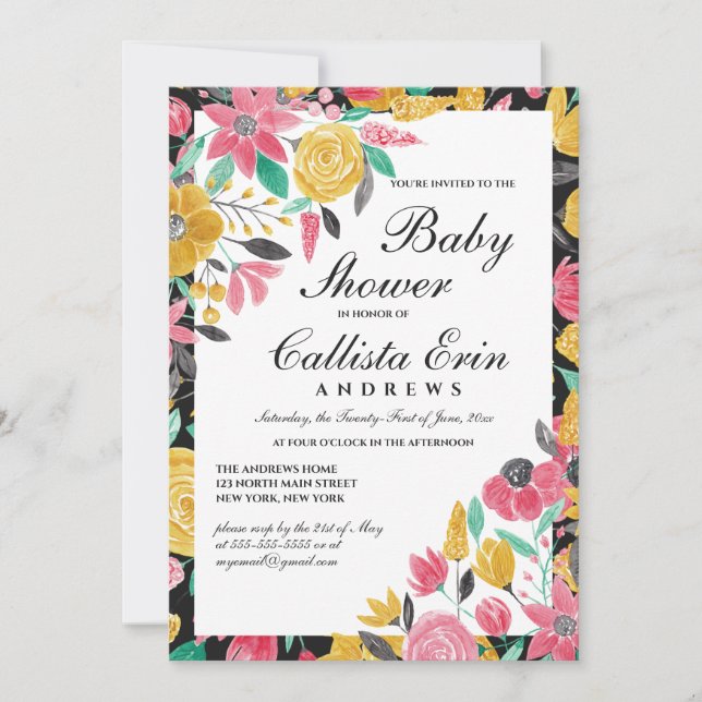 Invitation Baby shower d'été d'aquarelle rose or (Devant)