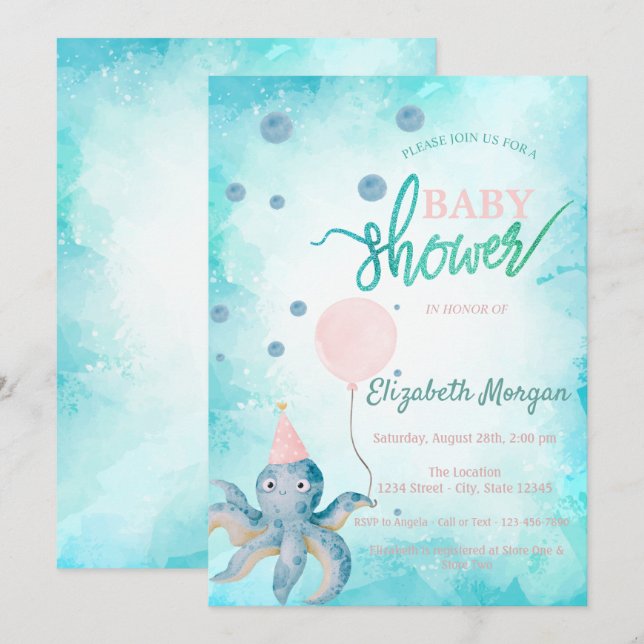 Invitation Baby shower d'été de ballons de poulpe adorable (Devant / Derrière)