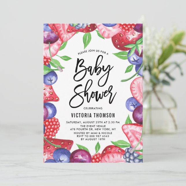 Invitation Baby shower d'été de la trame de baies d'aquarelle (Debout devant)