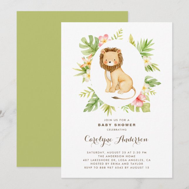 Invitation Baby shower d'été du lion d'aquarelle tropicale (Devant / Derrière)