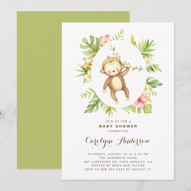 Invitation Baby shower d'été du singe d'aquarelle tropicale (Devant / Derrière)