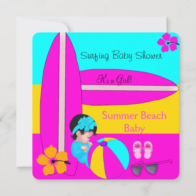 Invitation Baby shower d'été Girl Beach Baby Surfing Baby 5 (Devant)