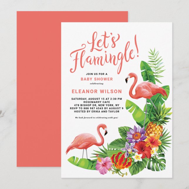 Invitation Baby shower d'été Tropical Flamingle (Devant / Derrière)