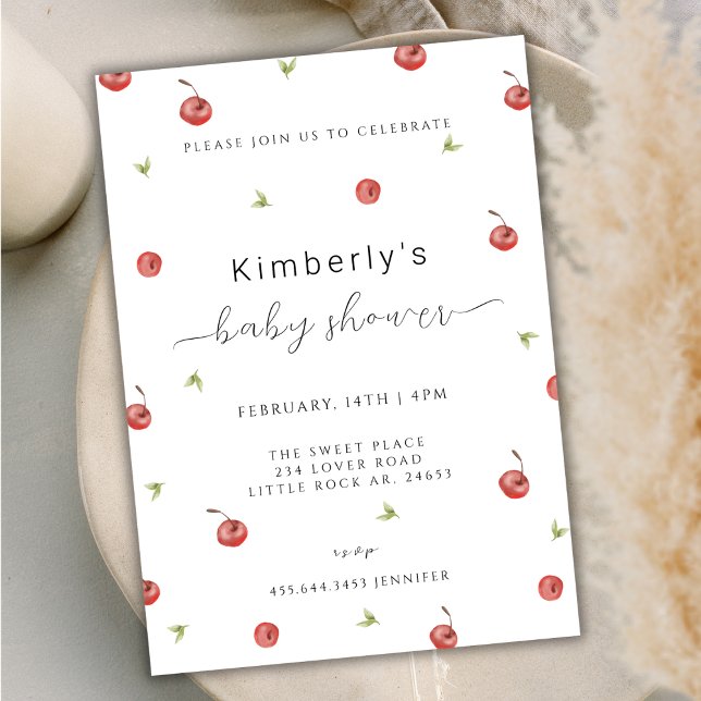 Invitation Baby shower d'été Watercolor Cherry Sweet (Summer Watercolor Cherry Sweet Baby Shower Invitation)