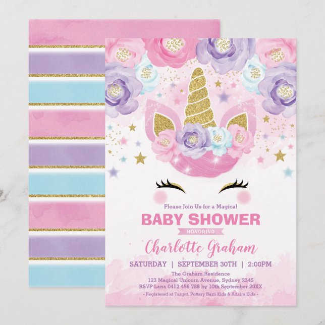 Invitation Baby shower d'étoiles magiques rose violet Unicorn (Devant / Derrière)