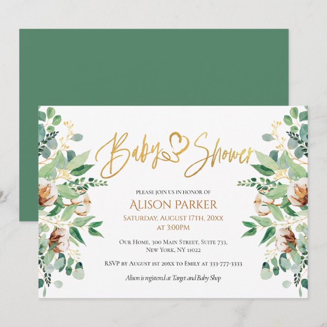 Invitation Baby shower d'Eucalyptus au Coeur d'or mignon (Devant / Derrière)