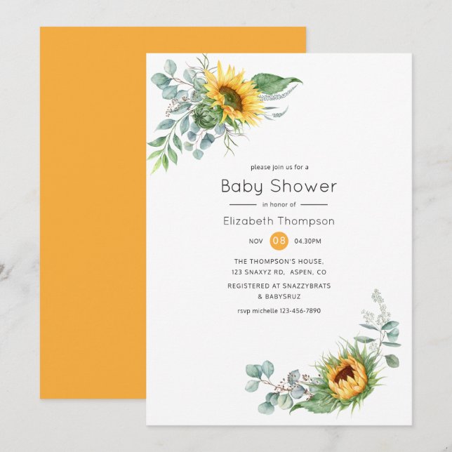 Invitation Baby shower d'Eucalyptus de tournesol Boho (Devant / Derrière)