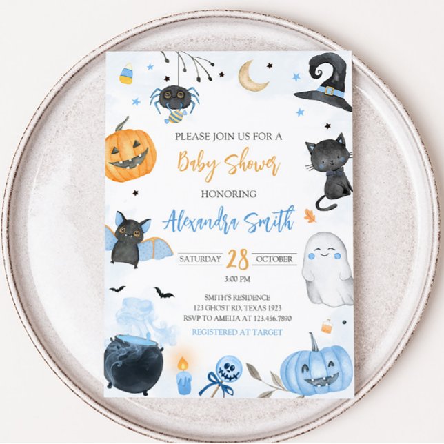 Invitation Baby shower d'Halloween bleu (Boy Ghost Halloween Baby Shower Invitation)
