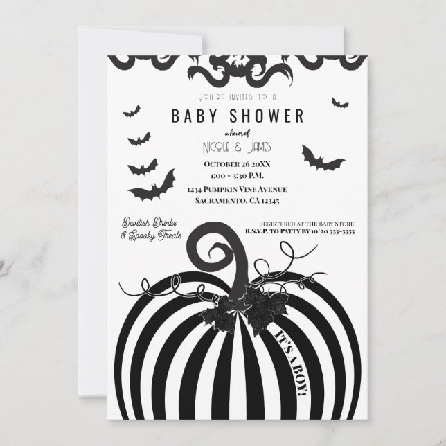 Invitation Baby shower d'Halloween Citrouille noir et blanc (Devant)