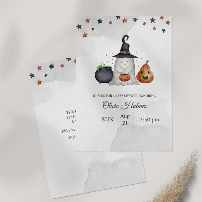 Invitation Baby shower d'Halloween Ghost (Halloween Baby Shower Invitation on gray table.)