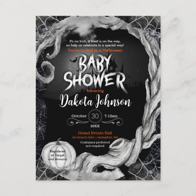 Invitation Baby shower d'Halloween noir avec Regis (Devant)
