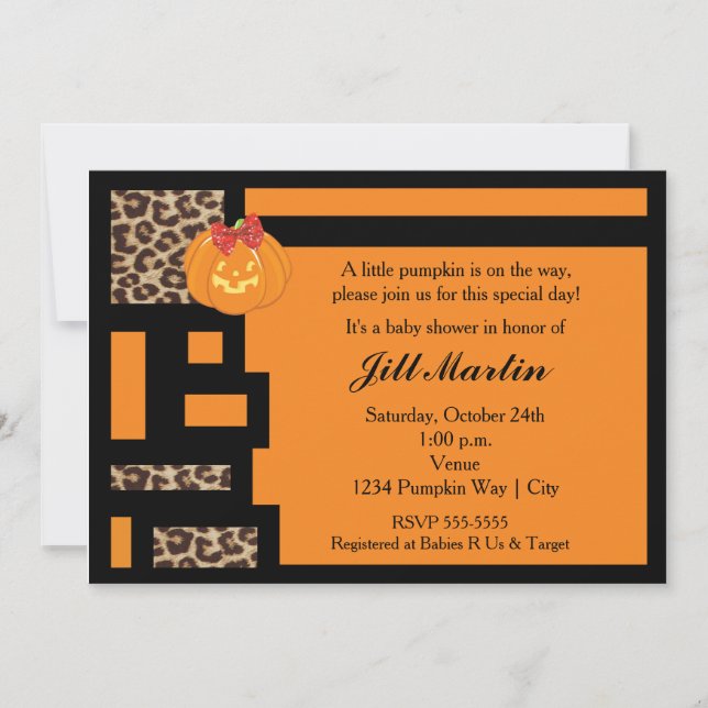 Invitation Baby shower d'Halloween Orange & Leopar (Devant)