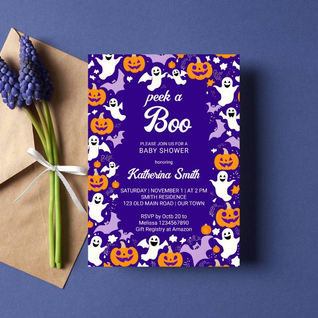 Invitation Baby shower d'Halloween regarder un garçon mignon  (Peek a boo Halloween baby shower template invitation cute baby ghosts pumpkins bats purple orange)