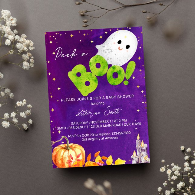 Invitation Baby shower d'Halloween regarder un garçon mignon  (Halloween peek a boo baby shower template invitation cute baby ghost pumpkin purple green and orange)