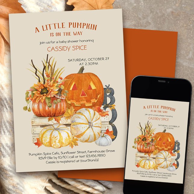 Invitation Baby shower d'Halloween rustique petit Citrouille (Little Pumpkin on the Way Halloween themed baby shower invitation)